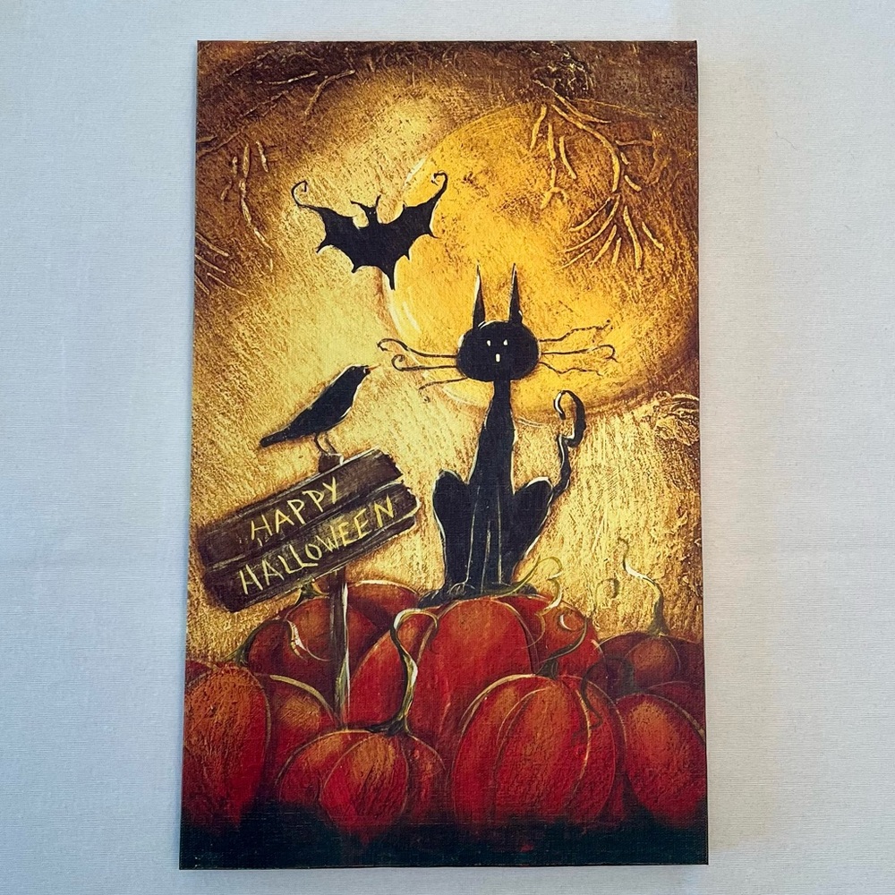 Happy Halloween New Canvas Hanging Wall Picture Art Old Word Spooky Cat Bat Crow